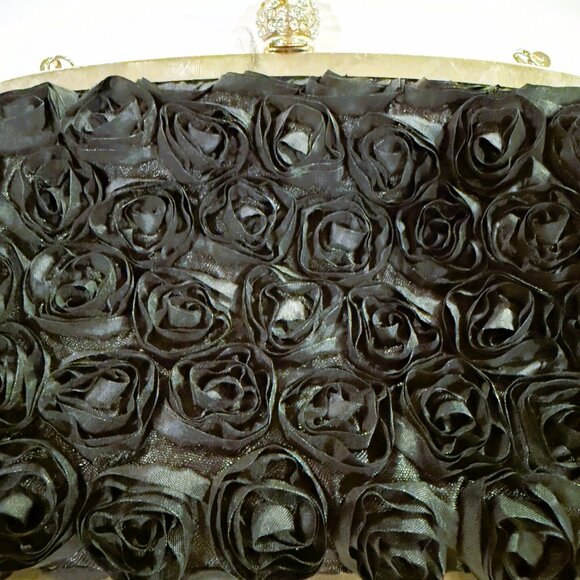 Elegant Rosette Floral Evening Clutch Bag Polyester Kiss Lock Closure Black - Picture 2 of 9